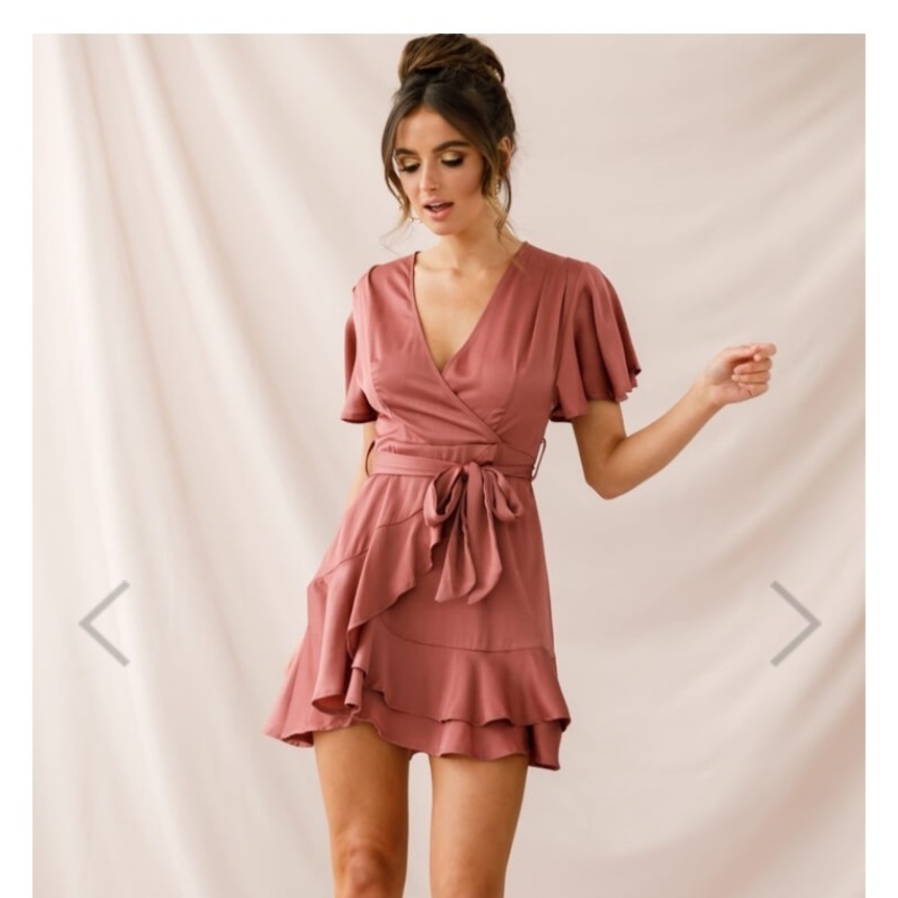 Flutter Sleeve Ruffle Wrap Dress - Dusty Rose